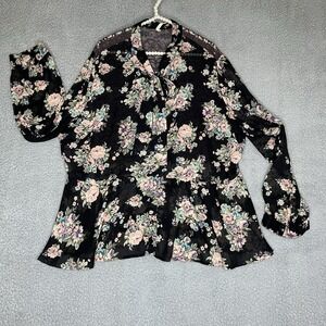 Truth NYC Blouse Womens 3X  Black Floral Peplum‎ Long Sleeve Sheer Lace Romantic